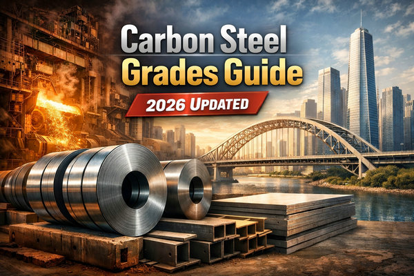Carbon Steel Grades Guide 2026 Updated with steel coils, plates, and city bridge in the background