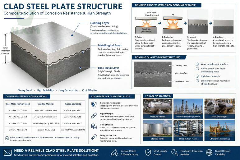 explosion bonded clad steel plate structure with wavy interface between base metal and cladding layer
