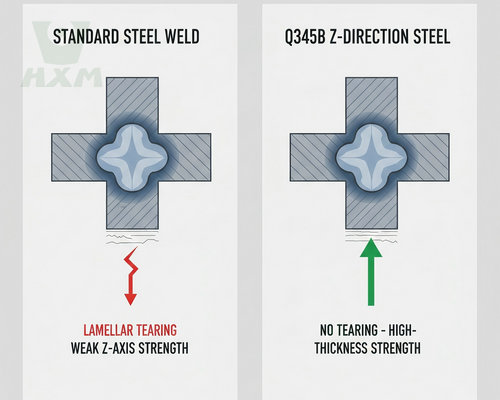 Diagram of lamellar tearing in welded steel joints and Z-axis resistance.