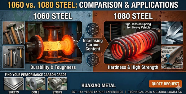 1060 vs 1080 carbon steel comparison chart showing industrial applications like springs, rails, and forged tools by Huaxiao Metal.