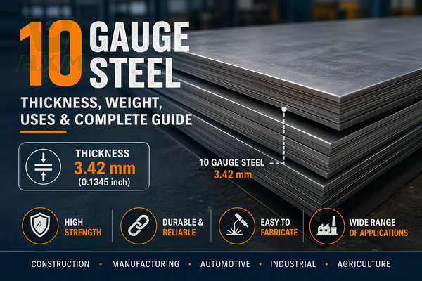 10 gauge steel thickness infographic showing 3.42 mm sheet metal comparison, weight, strength and industrial applications in construction, manufacturing and automotive industries