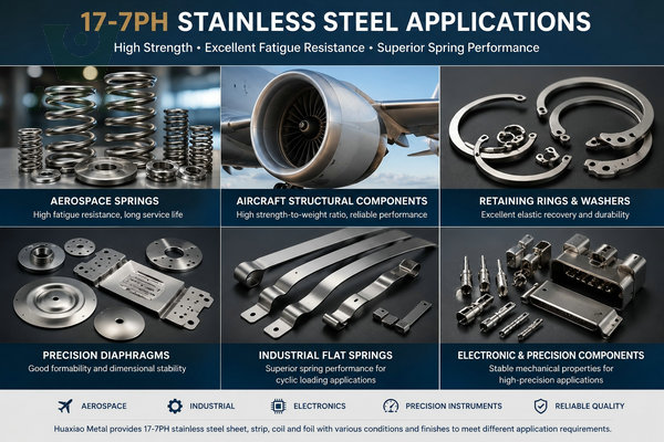 17-7PH stainless steel application industries including aerospace springs, retaining rings, diaphragms, aircraft components, industrial flat springs, and precision electronic parts
