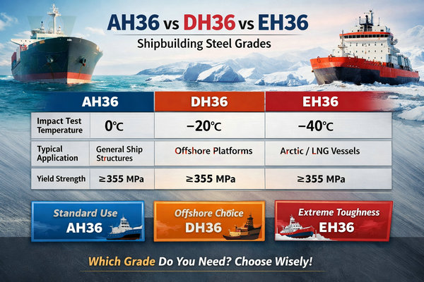 AH36 vs DH36 vs EH36 steel comparison chart showing impact temperature, mechanical properties, and shipbuilding applications