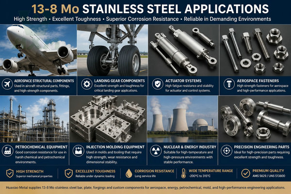 13-8 Mo stainless steel applications in aerospace landing gear, actuators, and nuclear energy components.