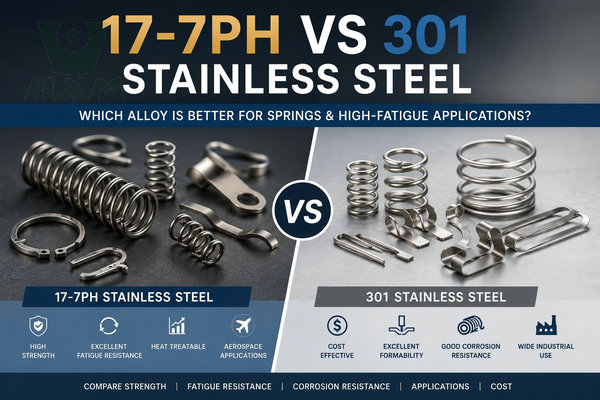 Comparison of 17-7PH vs 301 stainless steel for spring and high-fatigue applications featuring aerospace and industrial components.