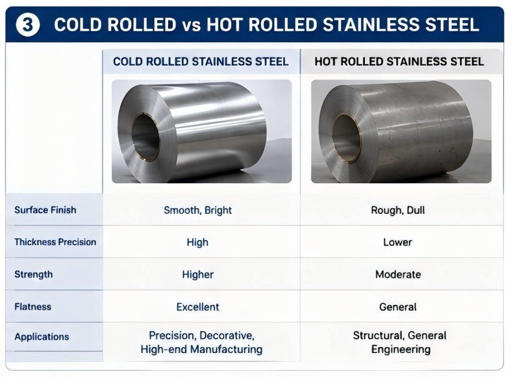 Comparison between cold rolled and hot rolled stainless steel surface finish and thickness precision