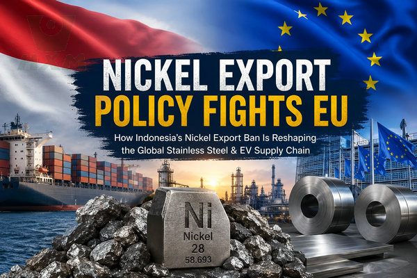 Nickel export policy fights EU infographic showing Indonesia nickel export ban impact on stainless steel and EV supply chain