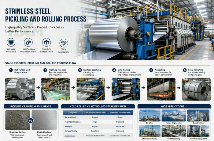 Stainless steel pickling and rolling process for cold rolled stainless steel manufacturing
