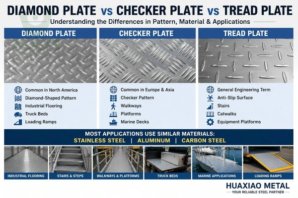Diamond Plate vs Checker Plate vs Tread Plate comparison showing pattern differences, materials, and industrial applications.