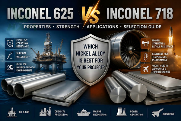 Inconel 625 vs 718 infographic comparing corrosion resistance, mechanical properties, high-temperature performance, weldability, applications, and material selection guide by Huaxiao Metal