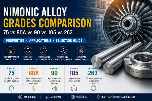 Nimonic Alloy Grades Comparison Chart Showing Nimonic 75, 80A, 90, 105 and 263 Properties, Temperature Resistance and Aerospace Applications