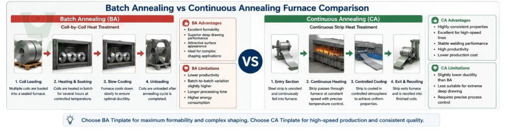 Batch Annealing (BA) vs Continuous Annealing (CA) furnace comparison showing different heat treatment processes, production methods, and key performance differences for tinplate manufacturing.