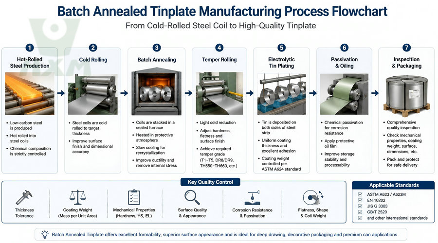 Batch Annealed (BA) Tinplate manufacturing process flowchart from cold-rolled steel coil to electrolytic tinplate, including batch annealing, temper rolling, tin plating, passivation, and quality inspection.