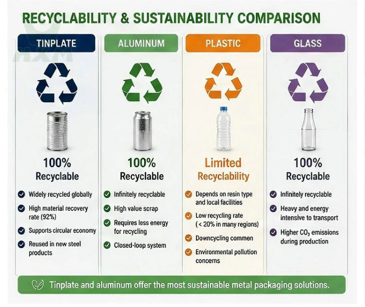 Recyclability and sustainability comparison of tinplate, aluminum, plastic, and glass packaging materials, highlighting recycling performance, circular economy benefits, and environmental impact for food packaging applications.