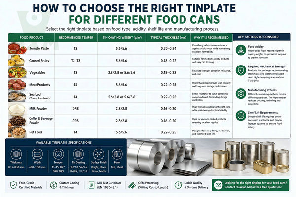 How to choose the right tinplate for different food cans, comparing temper grades, tin coating weights, thickness, and recommended applications for food packaging.