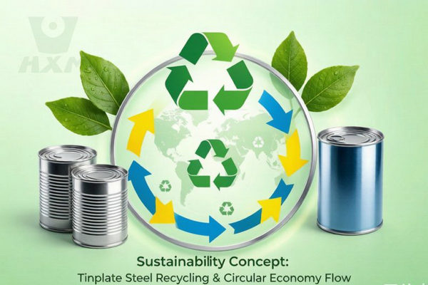 Sustainability concept showing recycled tinplate steel coils in circular economy loop with carbon footprint metrics and PPWR compliance badge