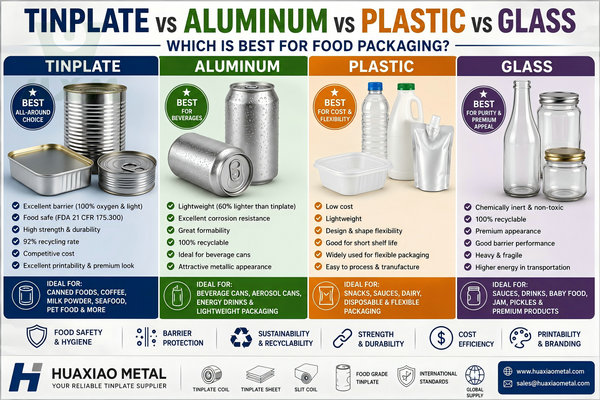 Tinplate vs aluminum vs plastic vs glass comparison for food packaging, highlighting barrier performance, food safety, recyclability, durability, cost, and best packaging applications.