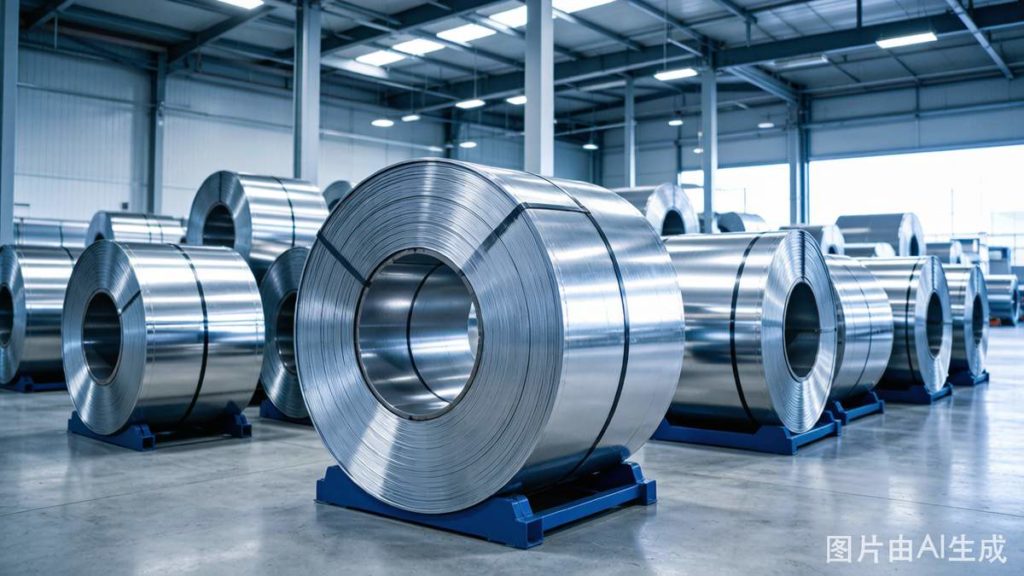 Tinplate sheet rolls showing bright surface finish and tin coating on steel base for food packaging and industrial applications