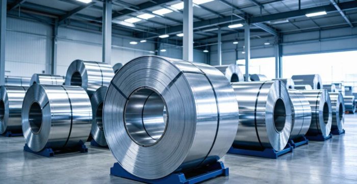 Tinplate sheet rolls showing bright surface finish and tin coating on steel base for food packaging and industrial applications