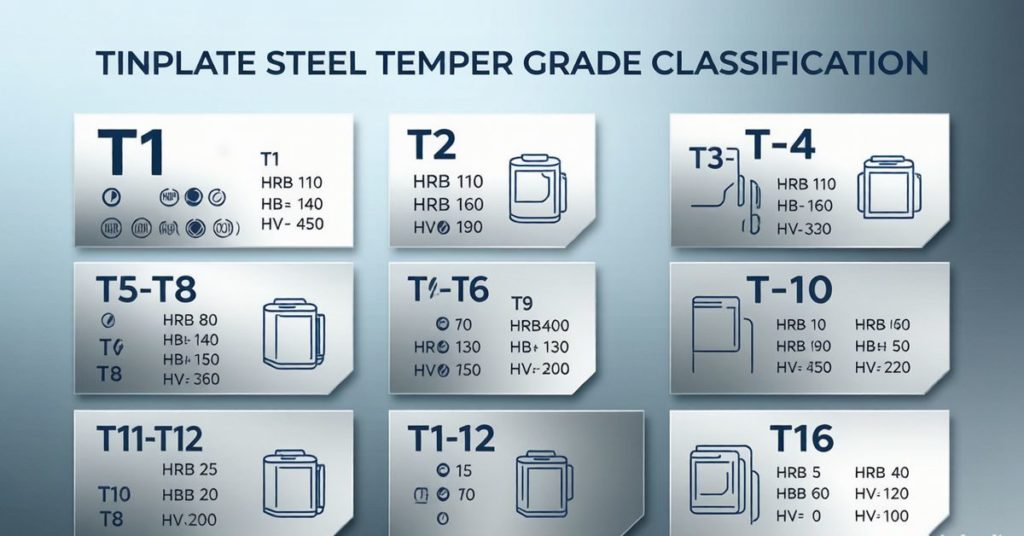 Tinplate temper grades comparison chart showing T1 through T5 BA and DR8 DR9 CA with Rockwell HR30T hardness values and typical can-making applications