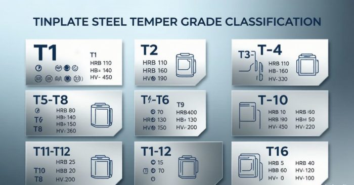 Tinplate temper grades comparison chart showing T1 through T5 BA and DR8 DR9 CA with Rockwell HR30T hardness values and typical can-making applications