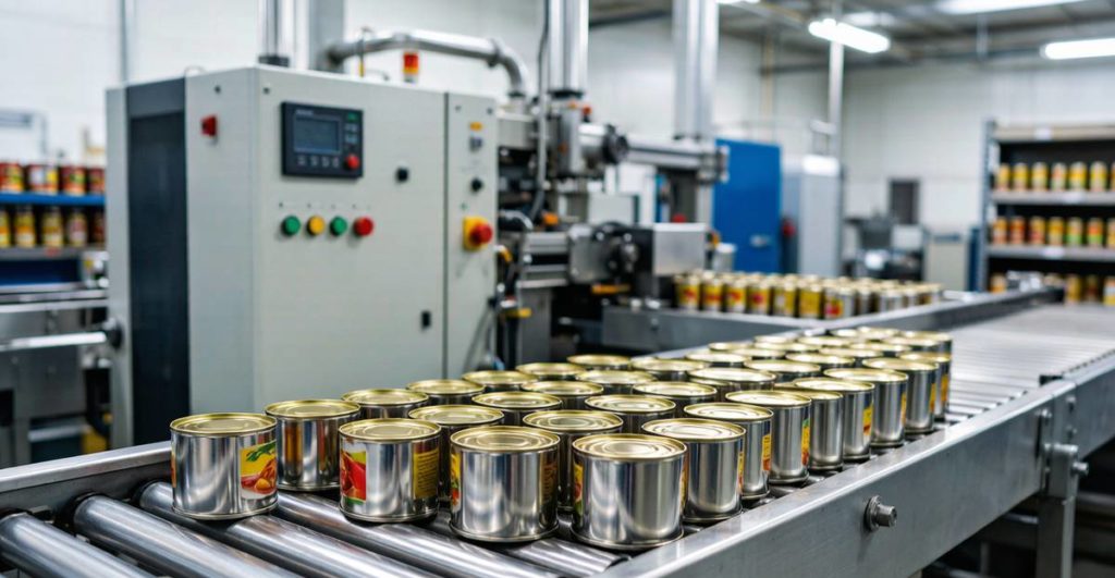 Tinplate for food cans on production line showing 3-piece welded cans and 2-piece drawn cans with various food contents including vegetables, meat, fruit, and pet food packaging applications