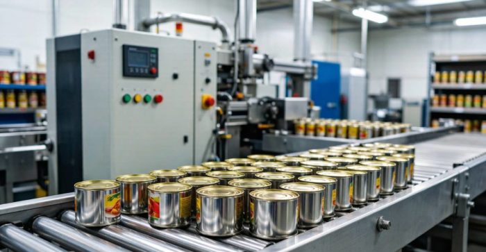Tinplate for food cans on production line showing 3-piece welded cans and 2-piece drawn cans with various food contents including vegetables, meat, fruit, and pet food packaging applications